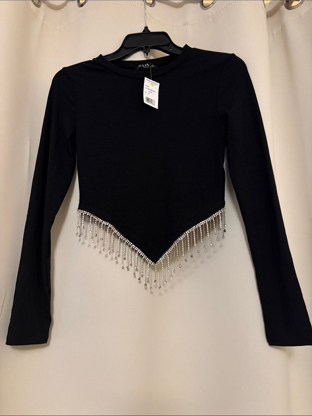 Julia Black Long-Sleeve Rhinestone Fringe Crop Top